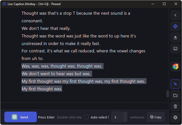 Live Caption with selected transcript lines and Send button